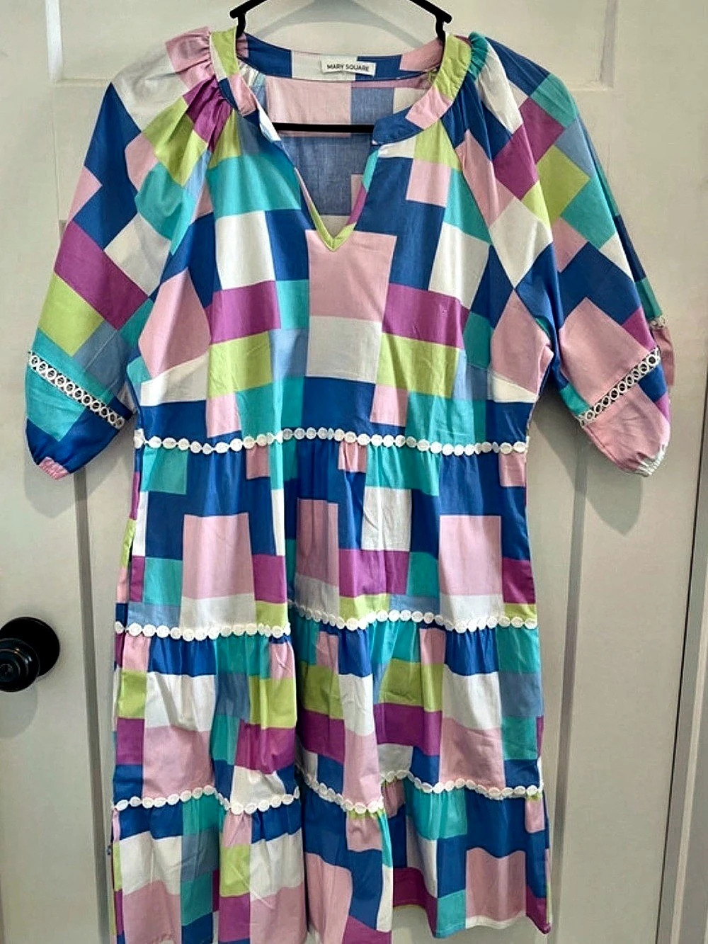 Mary Square Geometric Midi Dress in Blue & Pink New Without Tags